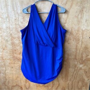 Swimsuits for All Blue V-Neck Ruched Skirted Swimsuit Blue